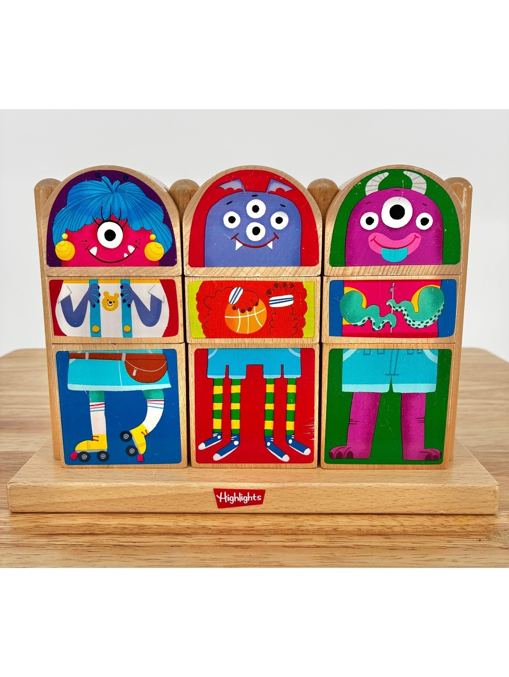 Kids Highlights Wooden Monster Mix and Match Puzzle Blocks Toy